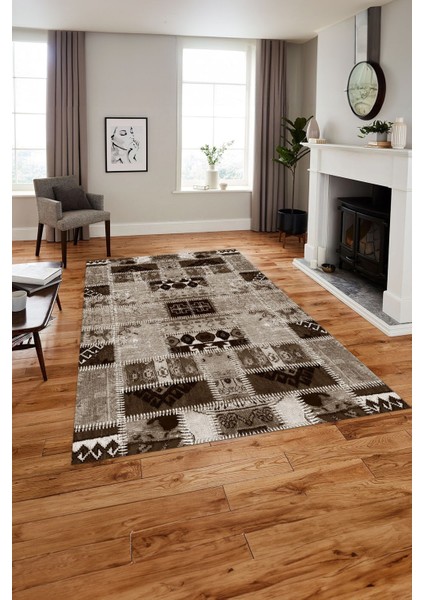 Baskılı Patchwork Etnik Model Yıkanabilir Kaymaz Yolluk Mutfak Salon Halısı, Patchwork-23-Kahve, indirimleri