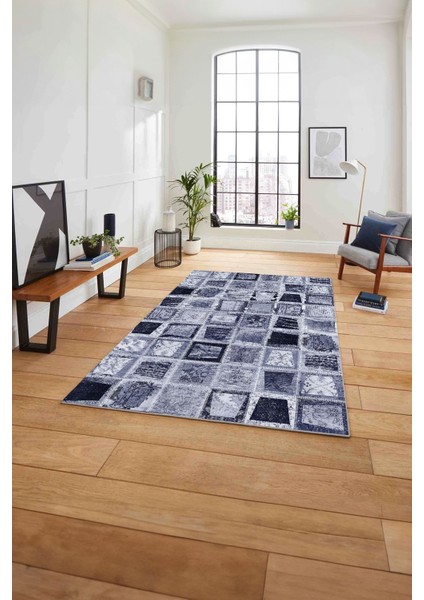Baskılı Patchwork Yama Modeli Yıkanabilir Kaymaz Yolluk Mutfak Salon Halısı, Patchwork-26-Lacivert,