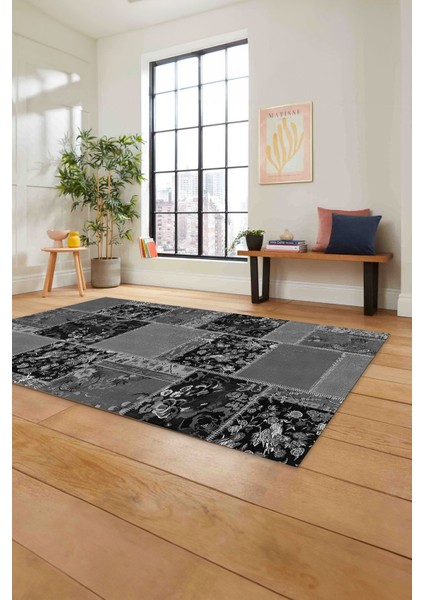 Baskılı Patchwork Çiçek Motifli Yıkanabilir Kaymaz Yolluk Mutfak Salon Halısı, Patchwork-40-Gri,