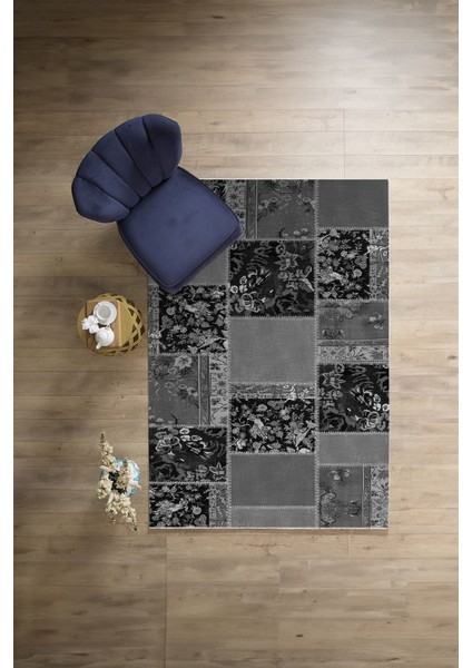 Baskılı Patchwork Çiçek Motifli Yıkanabilir Kaymaz Yolluk Mutfak Salon Halısı, Patchwork-40-Gri,