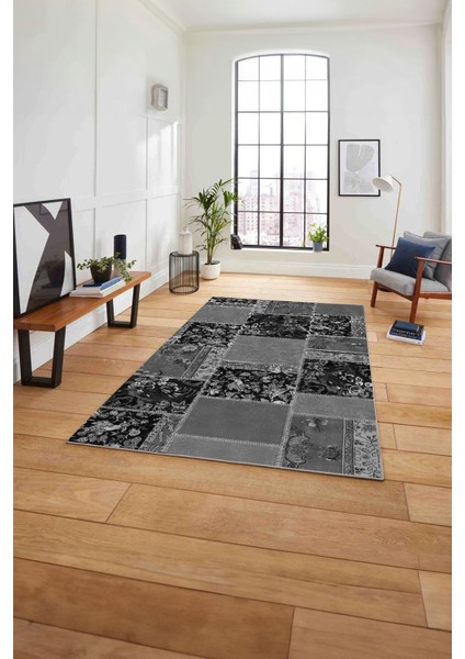 Baskılı Patchwork Çiçek Motifli Yıkanabilir Kaymaz Yolluk Mutfak Salon Halısı, Patchwork-40-Gri,