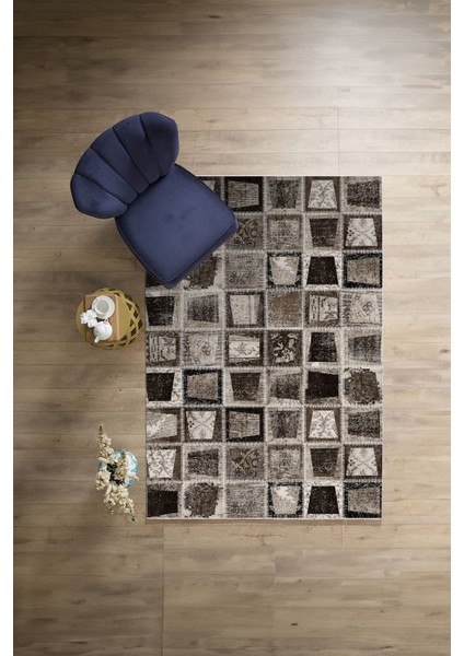 Baskılı Patchwork Yama Modeli Yıkanabilir Kaymaz Yolluk Mutfak Salon Halısı, Patchwork-26-Kahve,