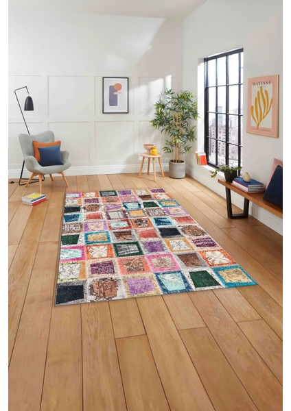 Baskılı Patchwork Yama Modeli Yıkanabilir Kaymaz Yolluk Mutfak Salon Halısı, Patchwork-26-Renkli,