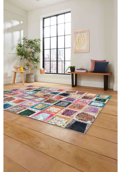 Baskılı Patchwork Yama Modeli Yıkanabilir Kaymaz Yolluk Mutfak Salon Halısı, Patchwork-26-Renkli,