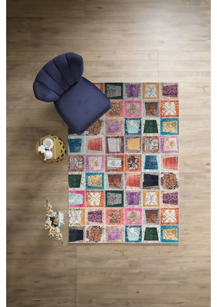Baskılı Patchwork Yama Modeli Yıkanabilir Kaymaz Yolluk Mutfak Salon Halısı, Patchwork-26-Renkli,