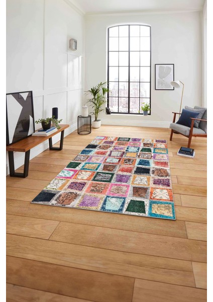 Baskılı Patchwork Yama Modeli Yıkanabilir Kaymaz Yolluk Mutfak Salon Halısı, Patchwork-26-Renkli,