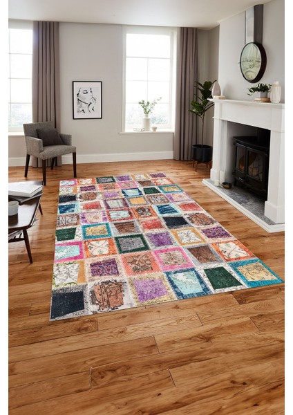 Baskılı Patchwork Yama Modeli Yıkanabilir Kaymaz Yolluk Mutfak Salon Halısı, Patchwork-26-Renkli,