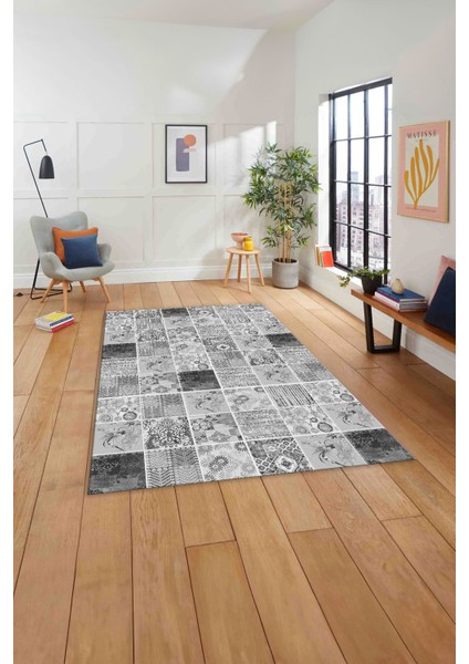 Baskılı Patchwork Akrilik Desenli Yıkanabilir Kaymaz Yolluk Mutfak Salon Halısı, Patchwork-28-Gri,