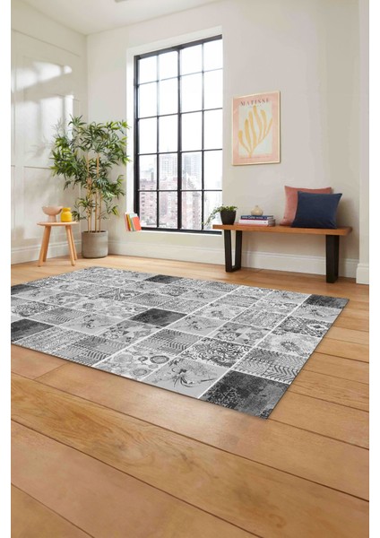 Baskılı Patchwork Akrilik Desenli Yıkanabilir Kaymaz Yolluk Mutfak Salon Halısı, Patchwork-28-Gri,