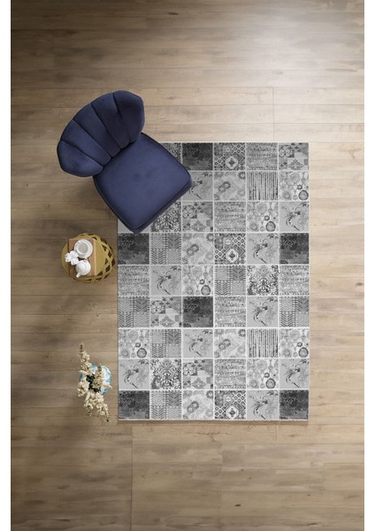 Baskılı Patchwork Akrilik Desenli Yıkanabilir Kaymaz Yolluk Mutfak Salon Halısı, Patchwork-28-Gri,