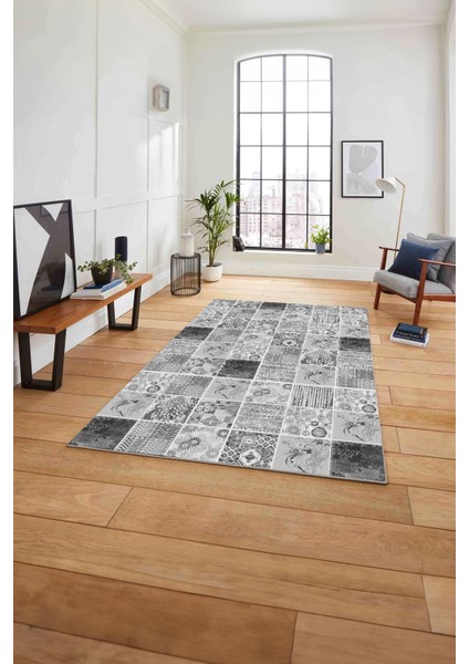 Baskılı Patchwork Akrilik Desenli Yıkanabilir Kaymaz Yolluk Mutfak Salon Halısı, Patchwork-28-Gri,