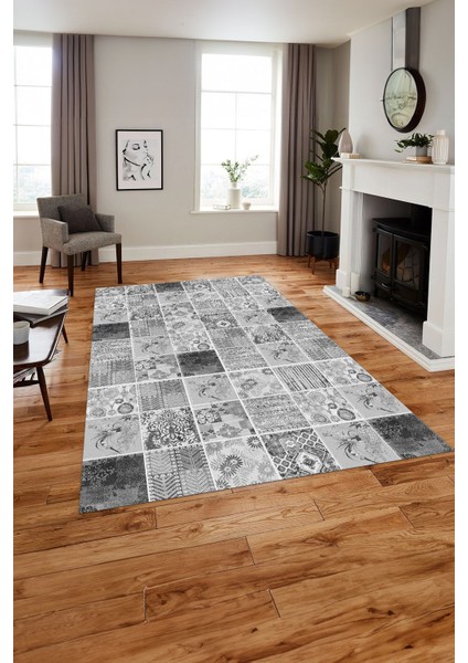 Baskılı Patchwork Akrilik Desenli Yıkanabilir Kaymaz Yolluk Mutfak Salon Halısı, Patchwork-28-Gri,