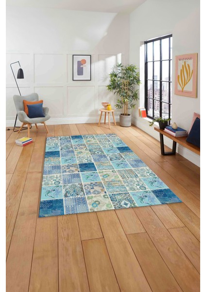 Baskılı Patchwork Akrilik Desenli Yıkanabilir Kaymaz Yolluk Mutfak Salon Halısı, Patchwork-28-Mavi,