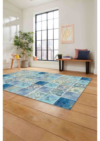 Baskılı Patchwork Akrilik Desenli Yıkanabilir Kaymaz Yolluk Mutfak Salon Halısı, Patchwork-28-Mavi, fiyatları