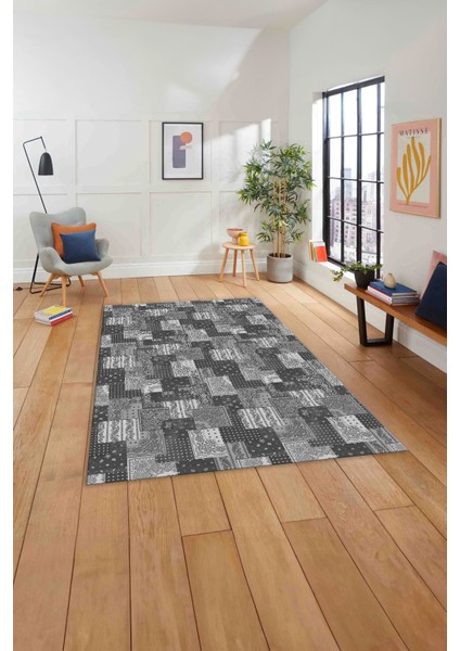 Baskılı Patchwork Klasik Model Yıkanabilir Kaymaz Yolluk Mutfak Salon Halısı, Patchwork-31-Gri,