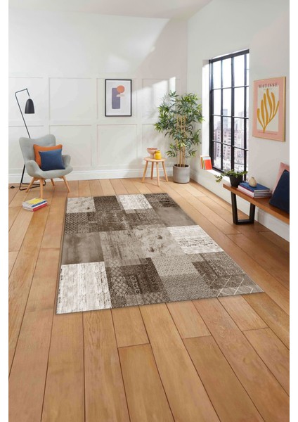 Baskılı Patchwork Dekoratif Yıkanabilir Kaymaz Yolluk Mutfak Salon Halısı, Patchwork-36-Kahve,
