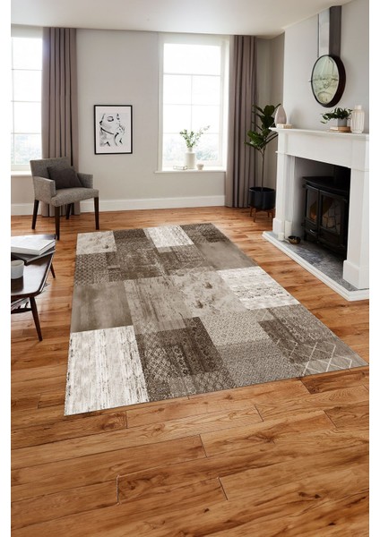 Baskılı Patchwork Dekoratif Yıkanabilir Kaymaz Yolluk Mutfak Salon Halısı, Patchwork-36-Kahve,