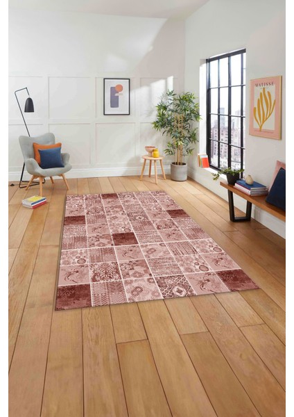 Baskılı Patchwork Akrilik Desenli Yıkanabilir Kaymaz Yolluk Mutfak Salon Halısı, Patchwork-28-Bordo,