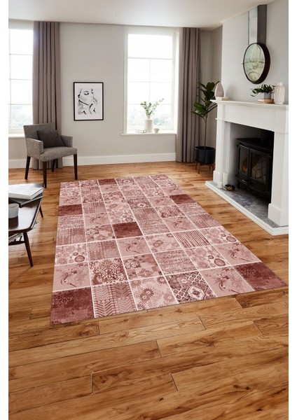 Baskılı Patchwork Akrilik Desenli Yıkanabilir Kaymaz Yolluk Mutfak Salon Halısı, Patchwork-28-Bordo, indirimleri