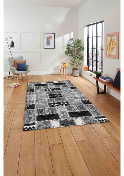 Baskılı Patchwork Etnik Model Yıkanabilir Kaymaz Yolluk Mutfak Salon Halısı, Patchwork-23-Gri,