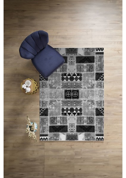Baskılı Patchwork Etnik Model Yıkanabilir Kaymaz Yolluk Mutfak Salon Halısı, Patchwork-23-Gri, modelleri