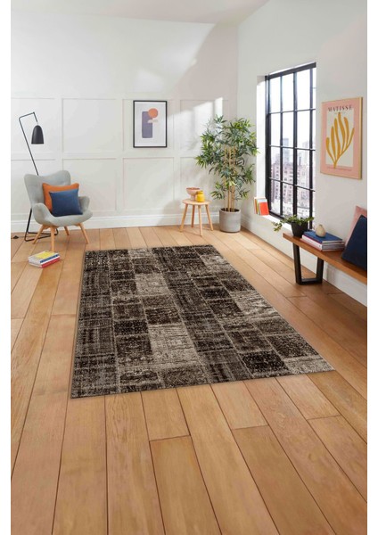 Baskılı Patchwork Sade Modern Yıkanabilir Kaymaz Yolluk Mutfak Salon Halısı, Patchwork-21-Kahve,