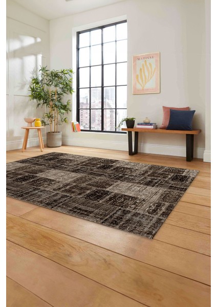 Baskılı Patchwork Sade Modern Yıkanabilir Kaymaz Yolluk Mutfak Salon Halısı, Patchwork-21-Kahve,
