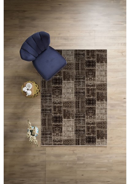 Baskılı Patchwork Sade Modern Yıkanabilir Kaymaz Yolluk Mutfak Salon Halısı, Patchwork-21-Kahve,