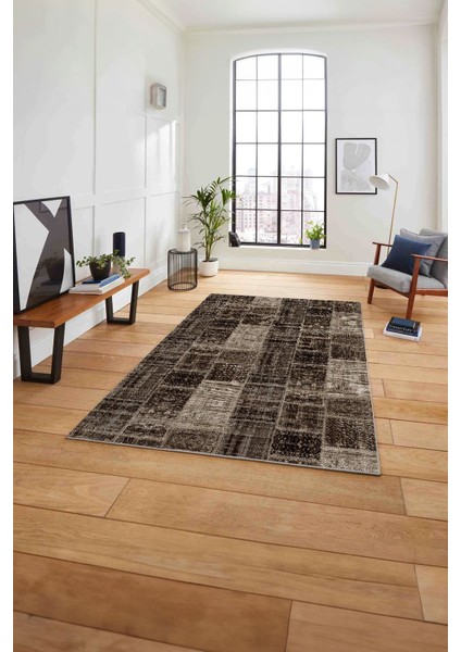 Baskılı Patchwork Sade Modern Yıkanabilir Kaymaz Yolluk Mutfak Salon Halısı, Patchwork-21-Kahve,