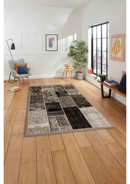 Baskılı Patchwork Otantik Model Yıkanabilir Kaymaz Yolluk Mutfak Salon Halısı, Patchwork-22-Kahve,