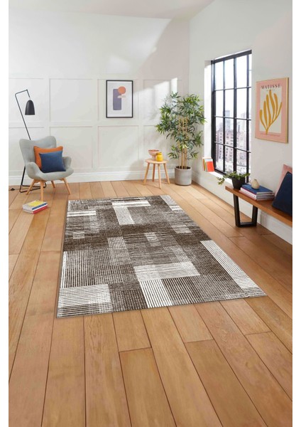 Baskılı Patchwork Çizgili Model Yıkanabilir Kaymaz Yolluk Mutfak Salon Halısı, Patchwork-33-Kahve,