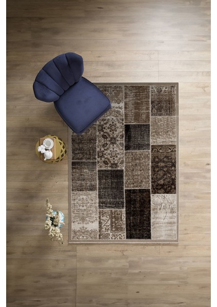Baskılı Patchwork Otantik Model Yıkanabilir Kaymaz Yolluk Mutfak Salon Halısı, Patchwork-22-Kahve,