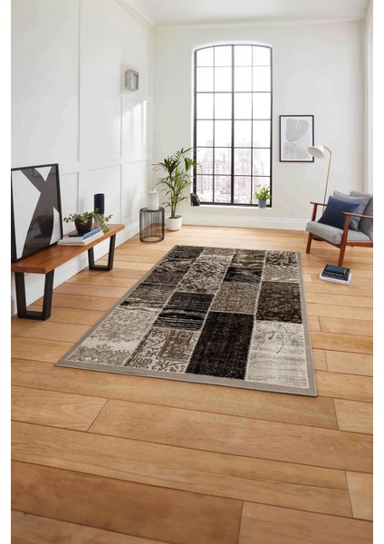 Baskılı Patchwork Otantik Model Yıkanabilir Kaymaz Yolluk Mutfak Salon Halısı, Patchwork-22-Kahve,