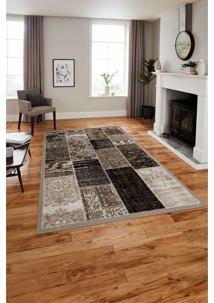 Baskılı Patchwork Otantik Model Yıkanabilir Kaymaz Yolluk Mutfak Salon Halısı, Patchwork-22-Kahve,