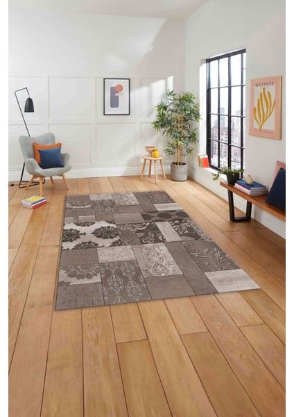 Baskılı Patchwork Çiçek Motifli Yıkanabilir Kaymaz Yolluk Mutfak Salon Halısı, Patchwork-34-Vizon,