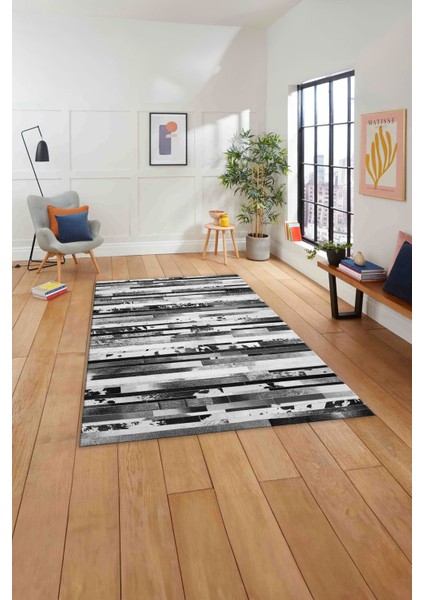 Baskılı Patchwork Post Motifli Yıkanabilir Kaymaz Yolluk Mutfak Salon Halısı, Patchwork-37-Gri,