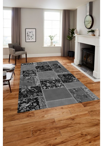 Baskılı Patchwork Çiçek Motifli Yıkanabilir Kaymaz Yolluk Mutfak Salon Halısı, Patchwork-40-Gri,