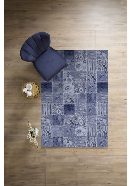 Baskılı Patchwork Klasik Motif Yıkanabilir Kaymaz Yolluk Mutfak Salon Halısı, Patchwork-35-Lacivert, modelleri
