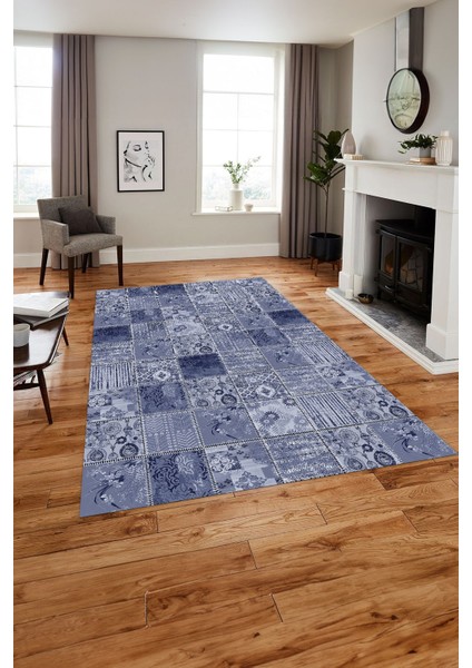 Baskılı Patchwork Klasik Motif Yıkanabilir Kaymaz Yolluk Mutfak Salon Halısı, Patchwork-35-Lacivert, indirimleri