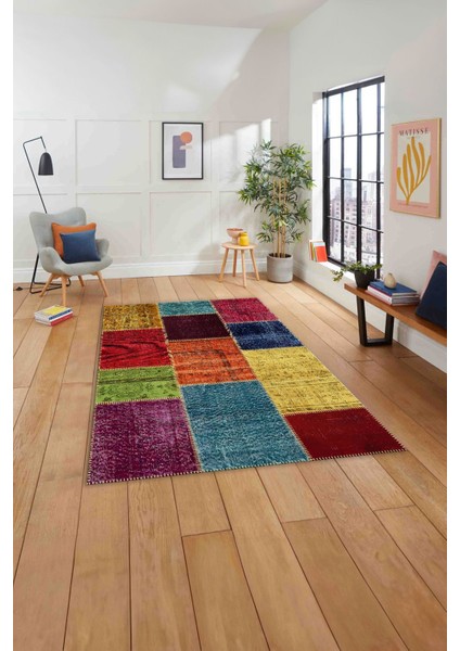 Baskılı Patchwork Etnik Görünüm Yıkanabilir Kaymaz Yolluk Mutfak Salon Halısı, Patchwork-39-Renkli,