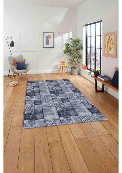 Baskılı Patchwork Klasik Desen Yıkanabilir Kaymaz Yolluk Mutfak Salon Halısı, Patchwork-27-Lacivert,