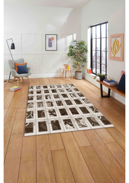 Baskılı Patchwork Iplik Desen Yıkanabilir Kaymaz Yolluk Mutfak Salon Halısı, Patchwork-25-Kahve,