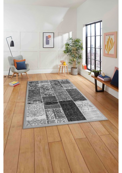 Baskılı Patchwork Otantik Model Yıkanabilir Kaymaz Yolluk Mutfak Salon Halısı, Patchwork-22-Gri,