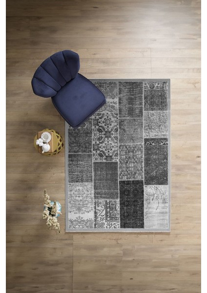 Baskılı Patchwork Otantik Model Yıkanabilir Kaymaz Yolluk Mutfak Salon Halısı, Patchwork-22-Gri,