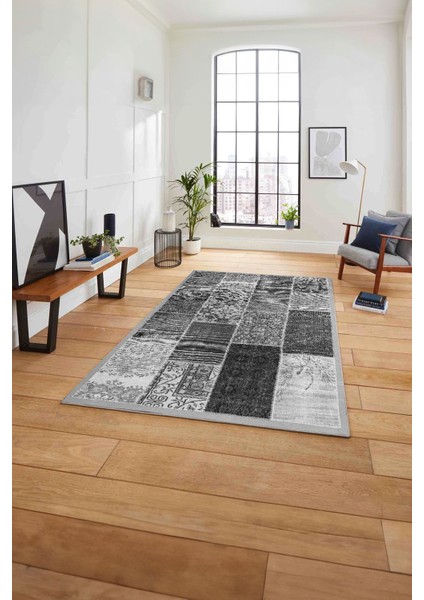 Baskılı Patchwork Otantik Model Yıkanabilir Kaymaz Yolluk Mutfak Salon Halısı, Patchwork-22-Gri,