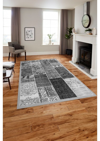 Baskılı Patchwork Otantik Model Yıkanabilir Kaymaz Yolluk Mutfak Salon Halısı, Patchwork-22-Gri,