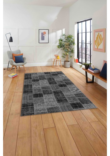 Baskılı Patchwork Sade Modern Yıkanabilir Kaymaz Yolluk Mutfak Salon Halısı, Patchwork-21-Gri,