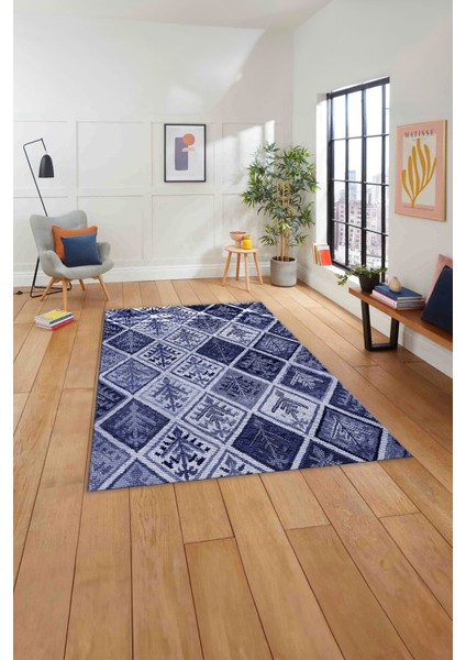 Baskılı Patchwork Etnik Modern Yıkanabilir Kaymaz Yolluk Mutfak Salon Halısı, Patchwork-32-Lacivert,