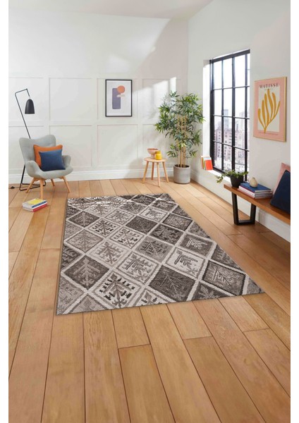 Baskılı Patchwork Etnik Modern Yıkanabilir Kaymaz Yolluk Mutfak Salon Halısı, Patchwork-32-Vizon,