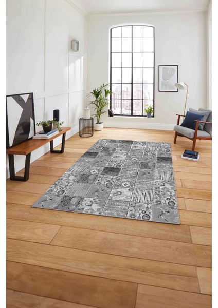 Baskılı Patchwork Klasik Motif Yıkanabilir Kaymaz Yolluk Mutfak Salon Halısı, Patchwork-35-Gri,